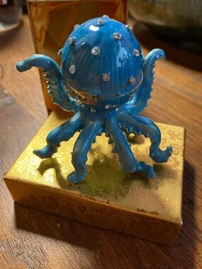 Blue Enamel Octopus Trinket Box with Rhinestones